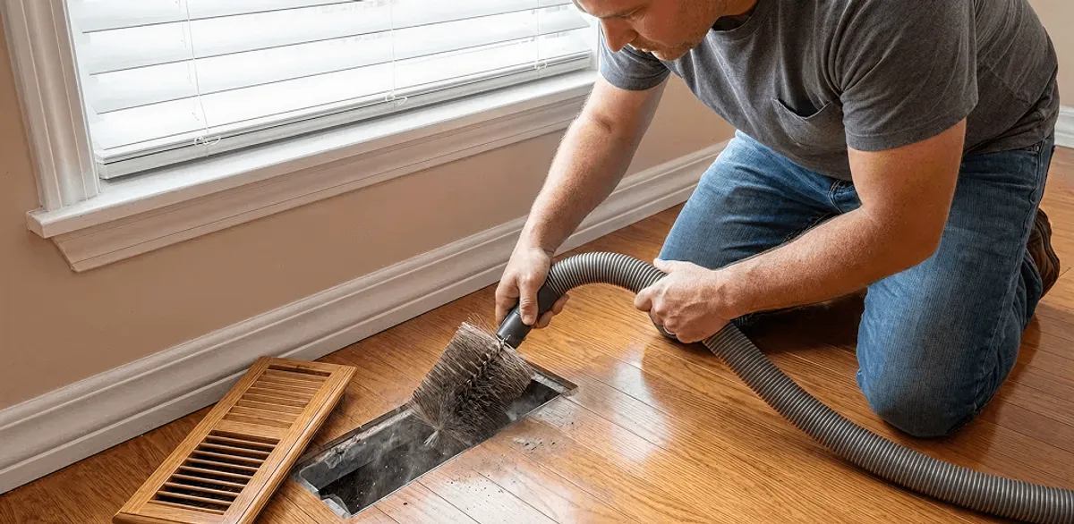 Air duct cleaning technician vacuuming a floor vent and duct opening in Boston, MA