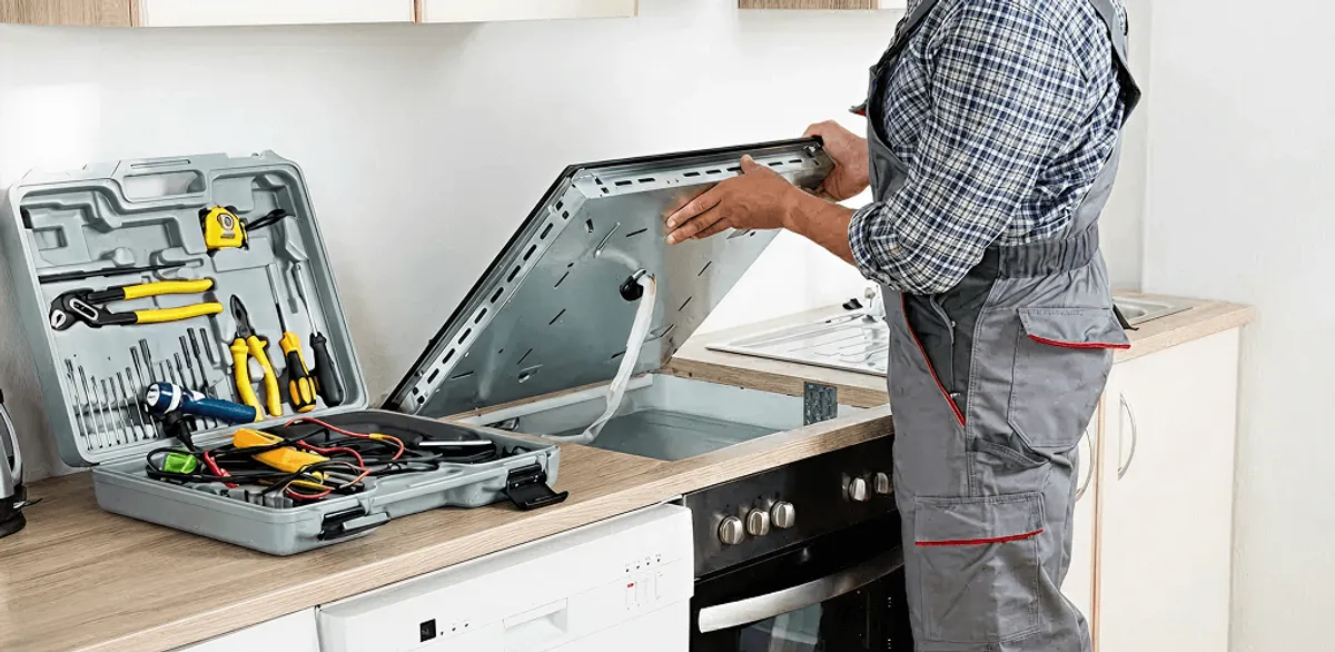 Handyman repairing a cooktop and checking wiring connections in Boston, MA