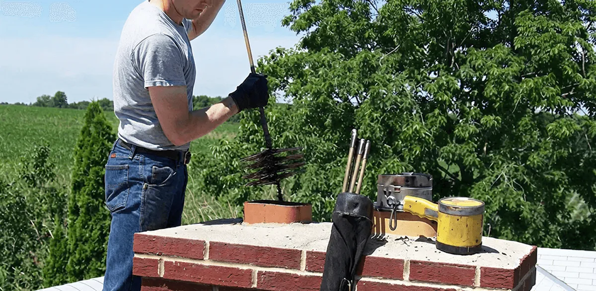 Chimney cleaning technician working on a rooftop chimney with professional tools in Boston, MA