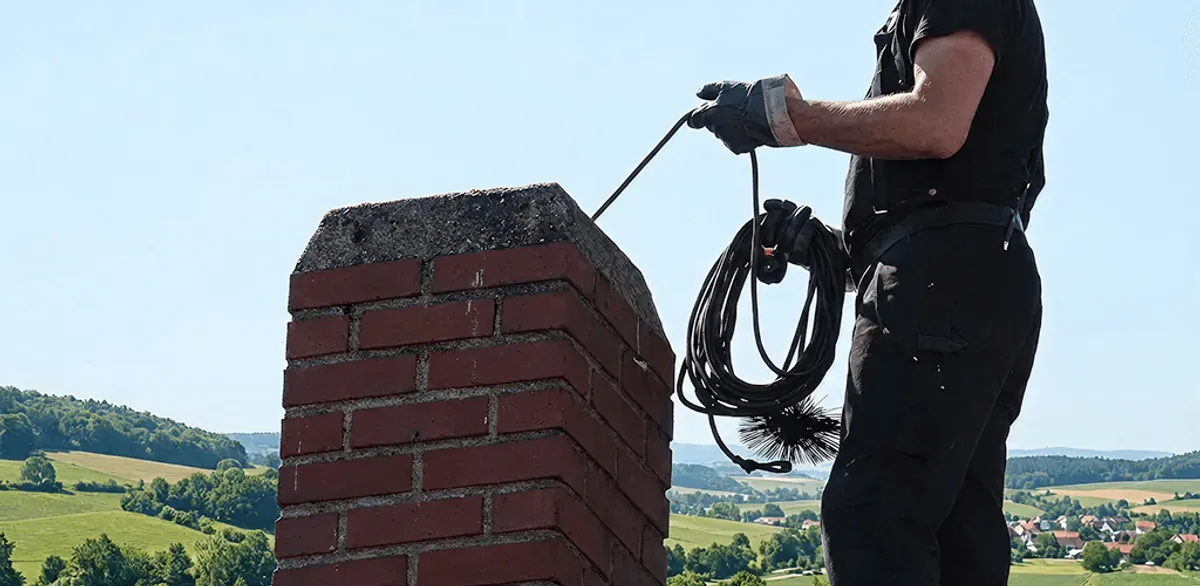 Chimney sweep inspecting and cleaning a rooftop chimney in Boston, MA