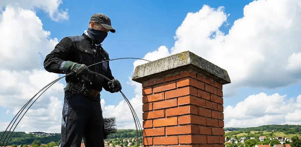 Chimney sweep cleaning a brick chimney with professional tools in Boston, MA