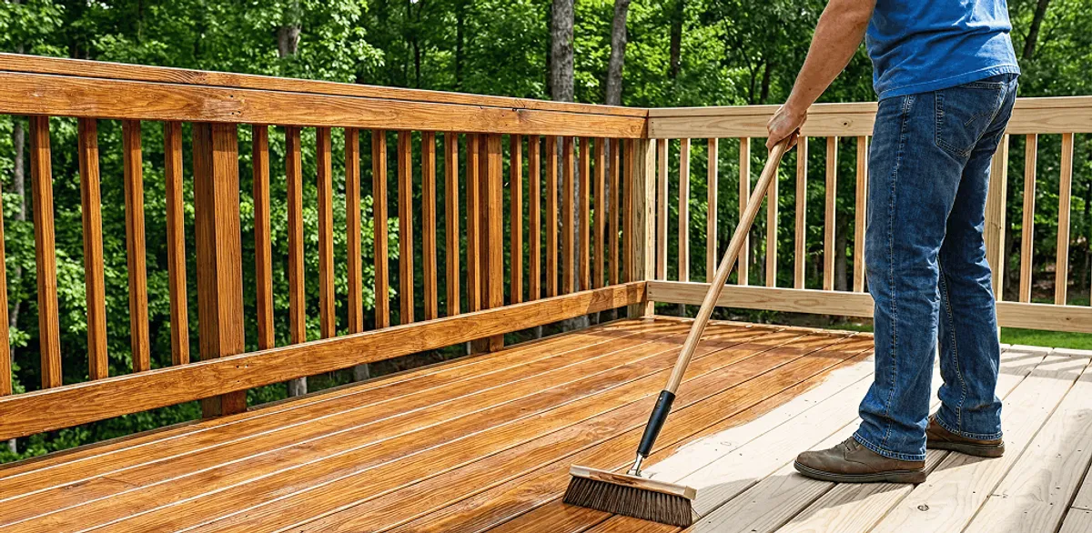 Deck staining and sealing application on a wood deck in Boston, MA