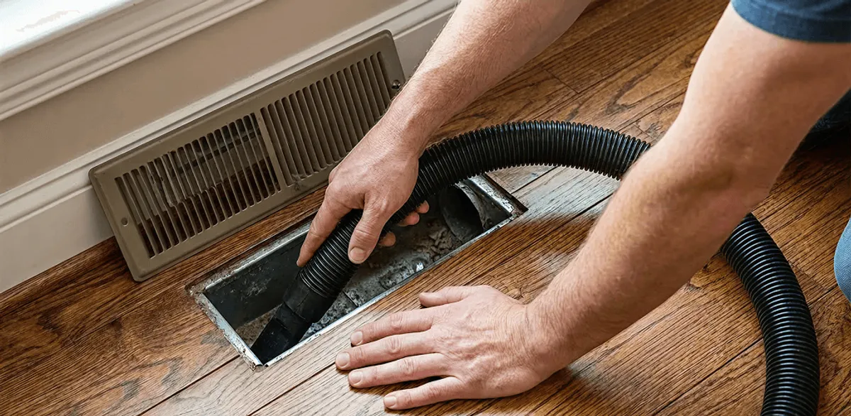 Air duct cleaning technician vacuuming a floor register and duct opening in Boston, MA