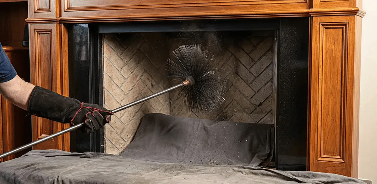 Chimney cleaning service brushing soot from a fireplace and flue in Boston, MA