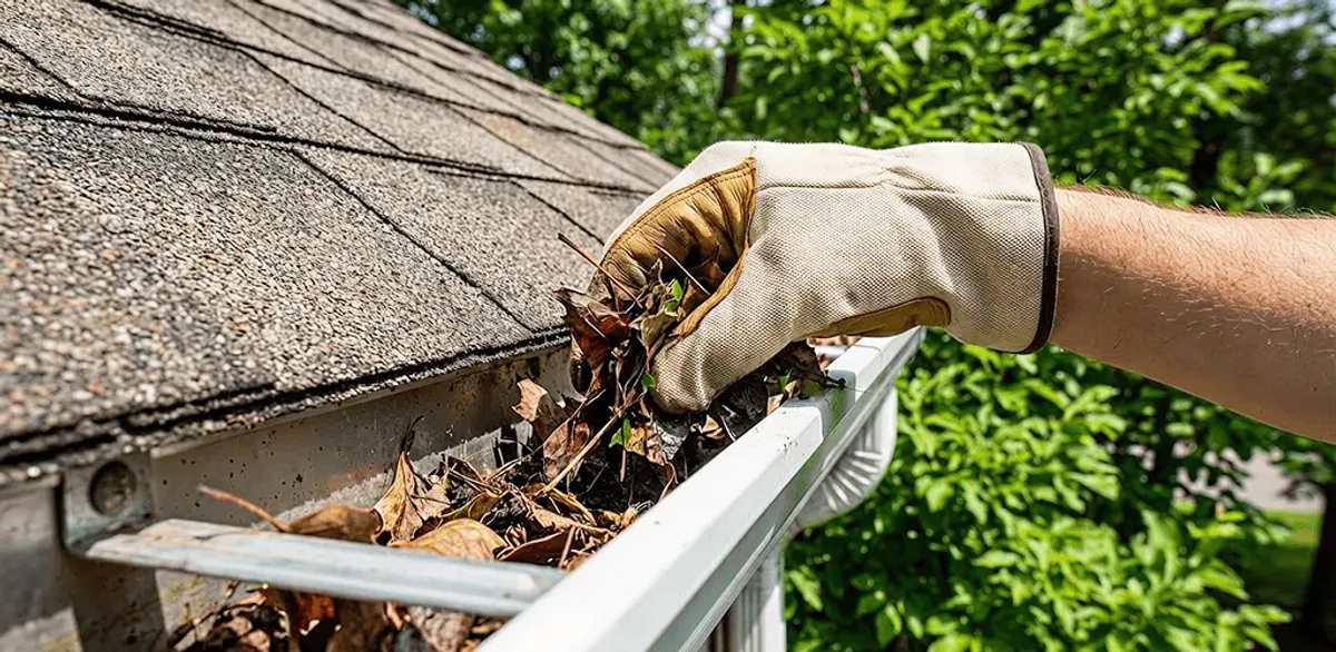 Gutter cleaning removing leaves and debris from roof gutters in Boston, MA