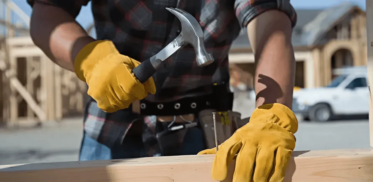 Handyman fixing wood trim with a hammer for home repairs in Boston, MA