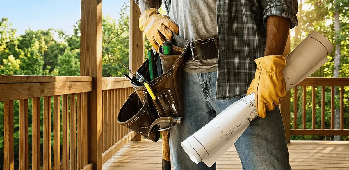 Professional handyman with tool belt ready for home repairs in Boston, MA