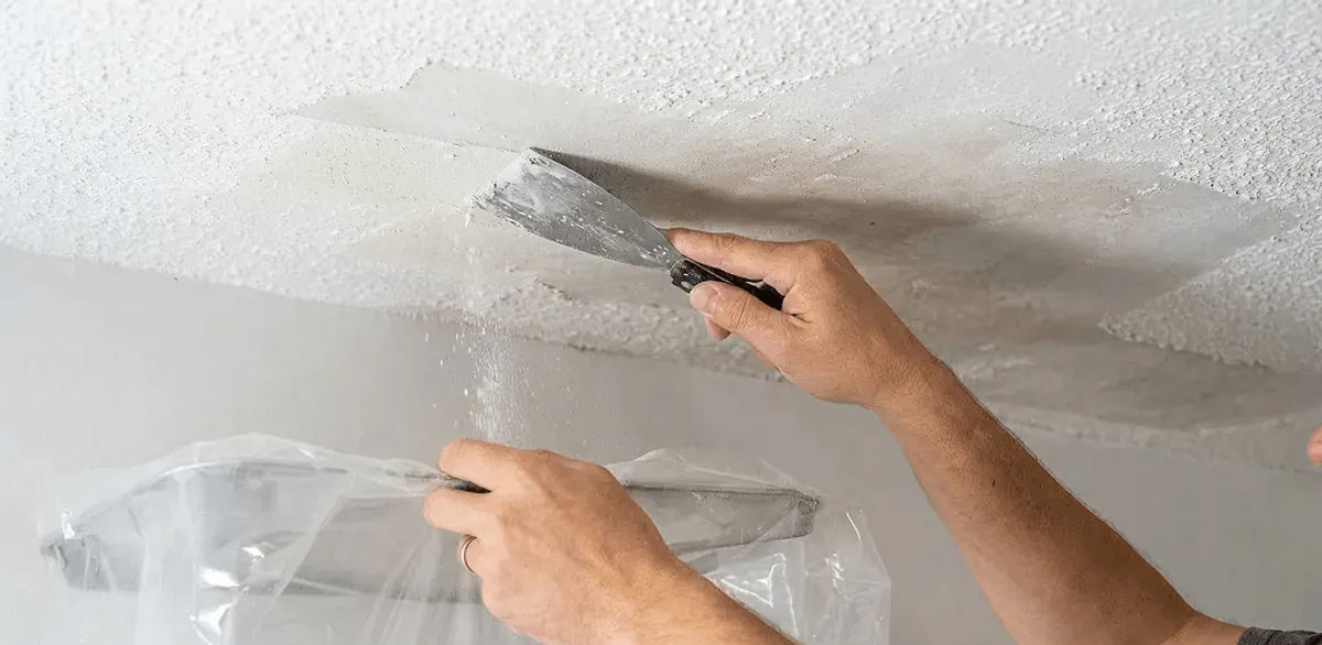 Popcorn ceiling removal technician scraping texture from a ceiling in Boston, MA