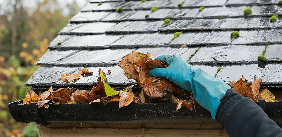 Gutter cleaning technician clearing wet leaves from roof gutters in Boston, MA