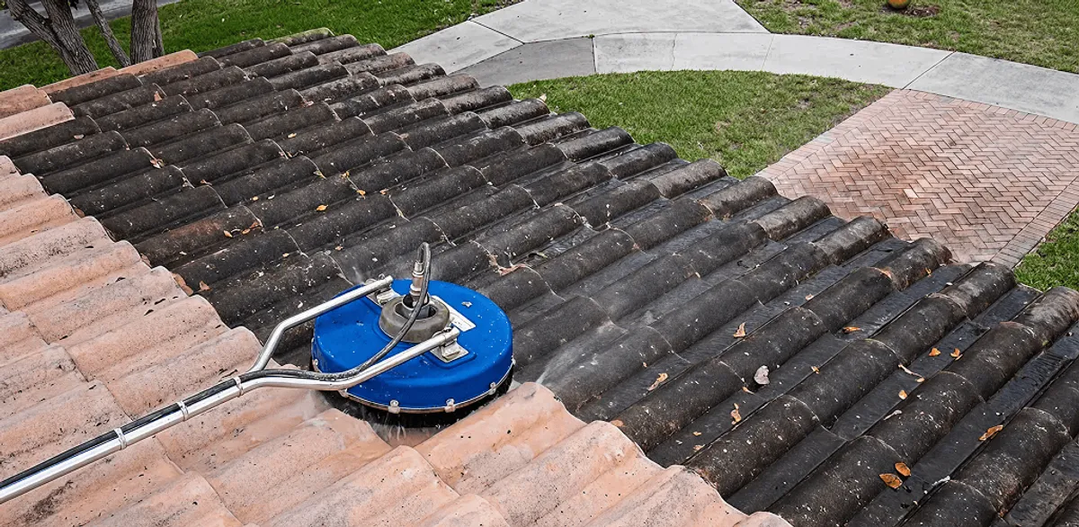 Roof pressure cleaning removing debris and buildup from roof tiles in Boston, MA