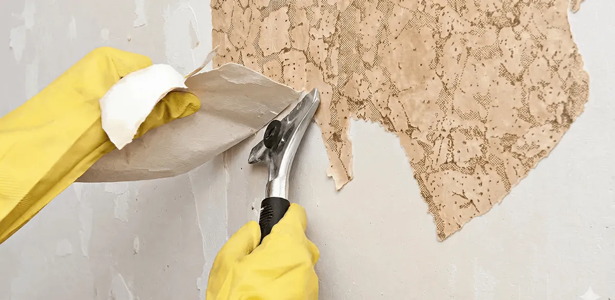 Wallpaper removal service stripping old wallpaper from a wall in Boston, MA