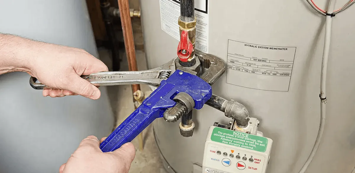Water heater repair technician tightening the shutoff valve and supply line in Boston, MA