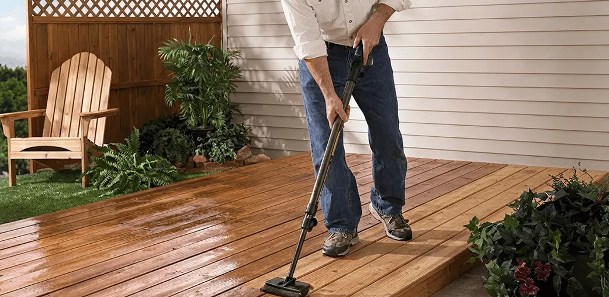 Deck staining service applying stain to a backyard wood deck in Boston, MA